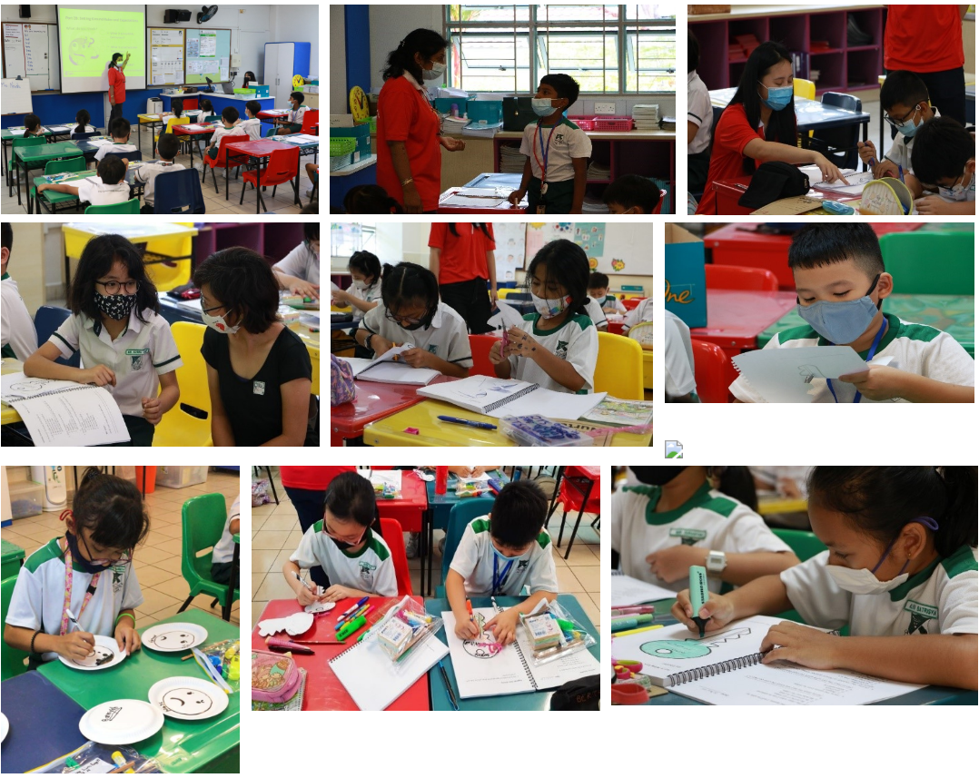 A collage of school children and teachers in a classroom, some wearing masks, doing activities and drawing.